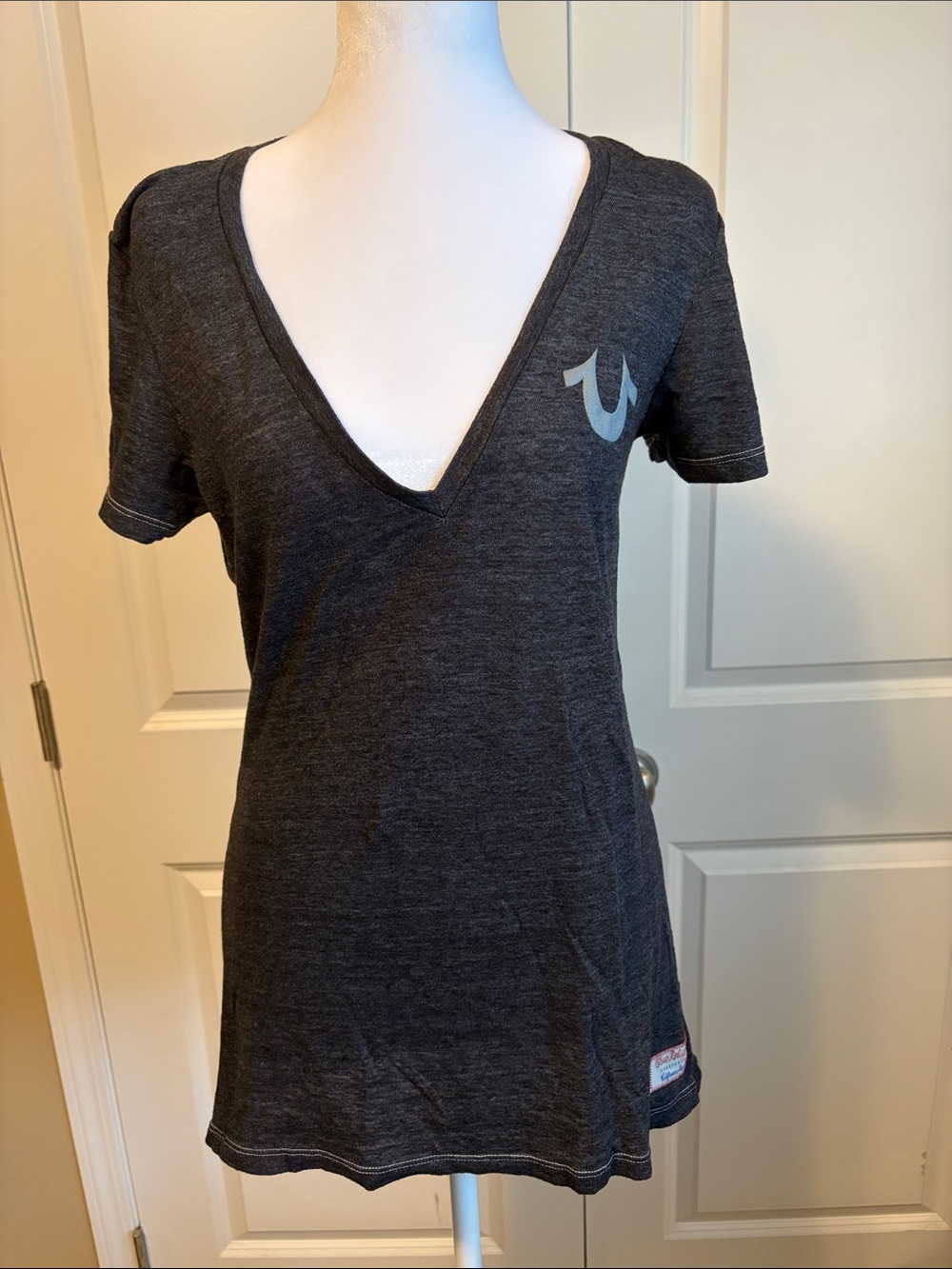 True Religion Women's Deep V-Neck Short Sleeve Tee - Charcoal